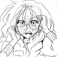 a drawing of a girl with glasses on her head and hands in front of her face