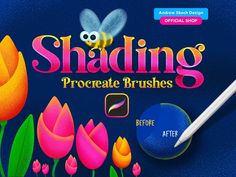 an advertisement for shading procreate brushes with flowers and a bee on it