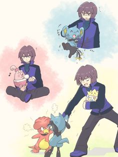 an anime character holding a baby in his arms and two other characters with their hands