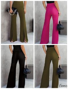 Eromis – Elevated Flare-Leg Pants with Split Hem: Sophisticated High-Waisted Solid Fashion Trousers for Womens Spring/Fall Wardrobe – Eromis Stretch Dress Pants For Summer, Summer Stretch Dress Pants In Solid Color, Versatile Stretch Bottoms For Party, Chic Bottoms For Night Out, Chic Full-length Solid Color Bottoms, Stretch Pink Bottoms Solid Color, Stretch Pink Pants, Chic Full Length Solid Color Bottoms, Solid Color Trousers For Night Out