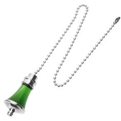 a green necklace with a bell hanging from it's end on a ball chain