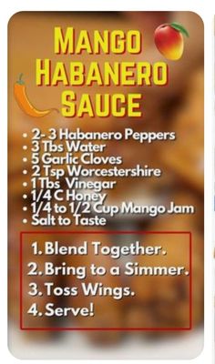 the mango habanero sauce recipe is shown in two different languages, and includes instructions to make it