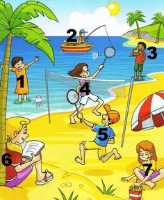 children are playing on the beach with their numbers in front of them and one is holding a tennis racket