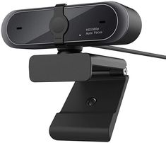 an image of a webcam attached to a desk top phone holder on a white background