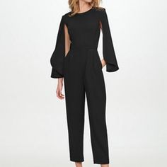 Brand New With Tags, Discontinued Style The Streamlined Straight-Leg Style Of Calvin Klein's Scuba Crepe Jumpsuit Is Capped Off With Flowy Cape Sleeves For A Dramatic Flourish. Exposed Zipper Closure At Center Back Imported Long Cape Sleeves With Open Undersides Pleats At Side Front Waistline Seam; Pockets At Hips Round Neckline Approx. Inseam: 26-1/2" Size 4, Fits About True. Recommended To Size Up If You Have A Long Torso Fitted Calvin Klein Jumpsuits And Rompers For Party, Calvin Klein Fitted Workwear Jumpsuits And Rompers, Calvin Klein Fitted Jumpsuits And Rompers For Work, Calvin Klein Fitted Jumpsuits For Work, Calvin Klein Jumpsuits And Rompers For Workwear, Chic Calvin Klein Workwear Jumpsuits, Spring Chic Calvin Klein Jumpsuits And Rompers, Olive Green Romper, Long Cape