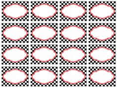 a checkered background with red and black circles