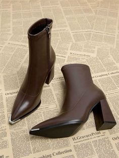 Brown Pointed Toe Martin Boots, Iconic Heels, Brown Ankle Boots Outfit, Brown High Heels, Pointed Toe Ankle Boots, Shoes Outfit Fashion, Girly Shoes