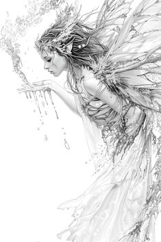 a black and white drawing of a woman with wings on her body, holding water