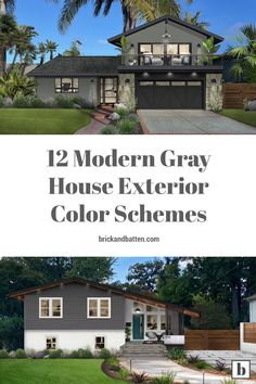 two modern gray house exterior color schemes with palm trees in the background and text overlay that reads, 2 modern gray house exterior color schemes