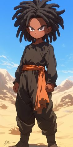 an anime character with dreadlocks standing in the desert