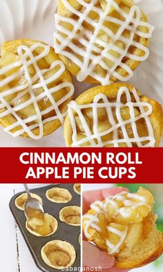 cinnamon roll apple pie cups with icing on top