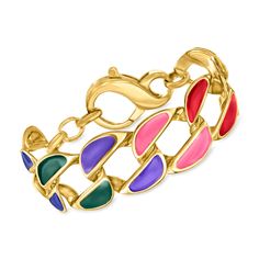 Ross-Simons - Italian Multicolored Enamel Curb-Link Bracelet Over Sterling. 7". The perfect complement to a confident personality, our Italian-made curb-link bracelet is decorated with a vibrant mix of blue, green, purple, pink and red enamel. Debuting this luxuriously bold design will certainly influence a momentous color movement among your crowd! Crafted in 18kt yellow gold over sterling silver. Lobster clasp, multicolored enamel curb-link bracelet. Collectible Enamel Bracelet Jewelry, Luxury Gold Bracelets With Enamel, Traditional Multicolor Enamel Bracelets, Gold Enamel Bracelets With Adjustable Chain, Confident Personality, Elegant Multicolor Enamel Bangle, Sterling Jewelry, Jewelry Essentials, Fine Jewelry Bracelets