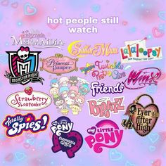 many different types of stickers on a pink and blue background with words that read hot people still watch