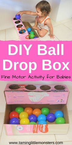 a baby playing with some balls in a box and the words diy ball drop box