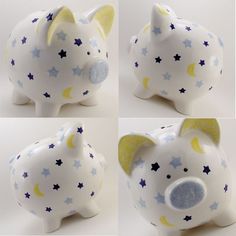 four photos of a ceramic pig with stars and moon designs