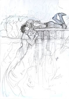 a drawing of two people kissing in front of a body of water with a sculpture behind them