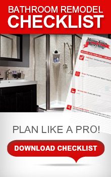 the bathroom remodel checklist is displayed in red and white with an image of a