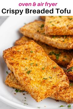 crispy breaded tofu on a white plate with text overlay reading oven air fryer crispy breaded tofu