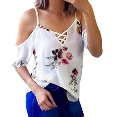 White Lace Tops Off Shoulder T Shirt, Cold Shoulder Lace, Off Shoulder Shirt, Cold Shoulder Blouse, Floral Print Blouses, Shoulder Shirts, Casual Blouse, Women T Shirt, Floral Printed