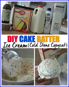 collage of photos showing how to make cake batter ice cream