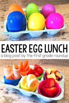 two trays filled with different types of eggs and fruit on top of each other