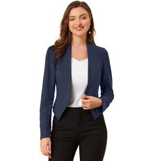 Shell: 95% Polyester, 5% Spandex. Lining: 100% Polyester. It creates a modern sleek look even at the office with this stunning cropped office blazer jacket. This smart collarless blazer features an angled hem that's shorter in the back for a fashionably cool look. An open-front design with hook eye closure for showing your amazing top inside. This piece makes you outstanding whether for a professional or a casual look. Suitable for Office look. Office Business Casual, Cropped Blazer Jacket, Crop Blazer, Cropped Blazer, Long Sleeve Blazers, Work Office, Chic Woman, Sleek Look, Grey Blue