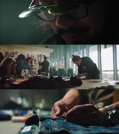 two pictures of people working on clothes in a room and one is looking at the camera