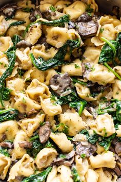 pasta with spinach and mushrooms in a pan