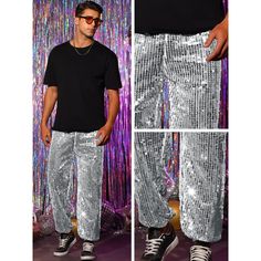 If you want to stand out from the crowd and make a bold fashion statement, look no further than the dazzling sequin joggers. These unique pants come in a variety of styles and are sure to turn heads. Men can pair them with a shiny tee, polo, tank top, or jacket for an outstanding party look that's both stylish and comfortable. The sequin joggers are perfect for special occasions like music festivals, nightclubs, costume parties, or performances. With their eye-catching sparkle and unique design, Sequin Joggers, Disco Costume, Unique Pants, Costume Parties, Party Look, Cargo Joggers, Twill Pants, Elastic Waist Pants, Music Festivals