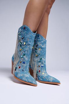 AZALEA WANG GAINES DENIM WESTERN BOOTIE Azalea Wang, Western Booties, Chunky High Heels, Acid Wash Denim, Thigh High Boots, Acid Wash, Mid Calf, High Boots, Walk In