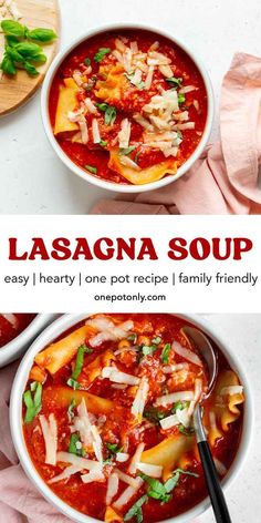 two bowls of lasagna soup on a table