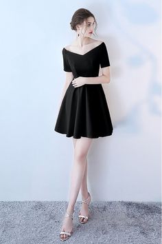 Short Black V-neck Homecoming Dress with Short Sleeves - $59 #HTX86091 - SheProm.com Dress Korean Style Party Black, Cute Dresses Black, Black Dress Classy Short, Dress Korean Style Simple, Short Frocks For Women, Black Formal Dress Short, Mafia Dress, V Neck Black Dress, Fav Outfit