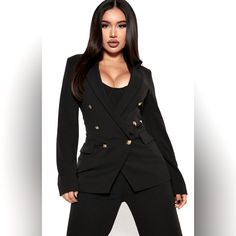 Fashion Nova Blazer Nova Luxe Black With Gold Buttons Retail: $129 Size Small Like New, Never Worn Black Double-breasted Career Blazer, Double-breasted Black Career Blazer, Black Double-breasted Outerwear For Office, Trendy Black Formal Blazer, Trendy Double-breasted Blazer For Night Out, Tailored Double-breasted Outerwear For Night Out, Black Long Sleeve Career Blazer, Trendy Black Blazer For Work, Trendy Black Blazer For Workwear