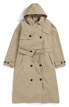 Give your rainy-day look a refresh in this classic trench coat designed with waterproof protection and a removable hood so you stay stylish and dry in wet weather. 43" length (size 10uk) Double-breasted button closure Stand collar; removable hood Belted cuffs Removable tie belt Gun flap Storm flap Seam sealed Waterproof rating: 5,000mm Breathability rating: 5,000 g/m² Lined, with organic cotton 100% organic cotton Imported Winter Solid Gabardine Raincoat, Solid Gabardine Winter Raincoat, Waterproof Outerwear For Rainy Season Workwear, Classic Waterproof Raincoat For Fall, Classic Solid Waterproof Raincoat, Classic Waterproof Solid Color Raincoat, Classic Waterproof Solid Raincoat, Classic Outerwear For Rainy Weather, Classic Outerwear For Rainy Season