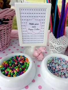 there are two bowls with beads in them and a sign that says make your own happy birthday