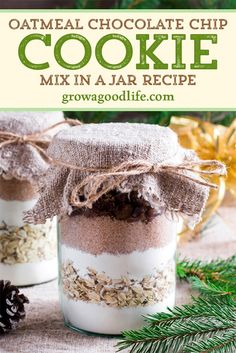 homemade chocolate chip cookie mix in a jar with pine cones on the side and text overlay reading oatmeal chocolate chip cookie mix in a jar