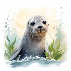 an illustration of a seal in the water with algaes around it's edges