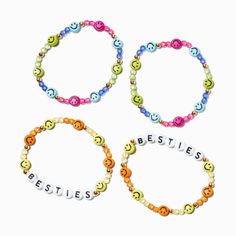 Best Friends Happy Face Beaded Stretch Bracelets - 2 Pack Cheerful Adjustable Beaded Jewelry, Cheerful Multicolor Jewelry For Friendship, Personalized Multicolor Friendship Bracelets For Summer, Personalized Multicolor Summer Friendship Bracelets, Summer Personalized Multicolor Friendship Bracelets, Cheerful Beaded Adjustable Friendship Bracelets, Cheerful Letter Beads Jewelry For Friendship, Assorted Letter Beads Friendship Bracelets, Cheerful Multicolor Beaded Bracelets For Friendship