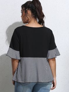 Black and White Casual  Three Quarter Length Sleeve Polyester Striped Peplum  Slight Stretch Summer Plus Size Tops Cheap Cotton Tops With Three Stripes, Cheap Casual One-piece Tops, Cheap Cotton Tops With Contrast Stripes, Chic One Size Tops At Cheap Price, Cheap Casual Tops With Placket Detail, Chic Short Tops At Cheap Price, Cheap Casual Peplum Top, Plus Size Tops For Women Blouses Modcloth, Cheap One-piece Tops For Women