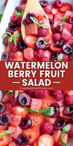 watermelon berry fruit salad in a white bowl with a wooden spoon on top