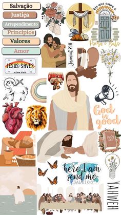 the jesus sticker sheet is shown in various colors and sizes, including an image of him