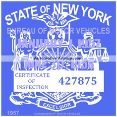 the state of new york sticker is shown in blue and white, with an image of