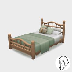 a wooden bed with green sheets and pillows on it's headboard is shown