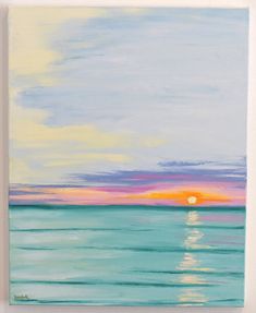 a painting of the sun setting over the ocean