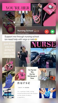 a collage of photos with the words nurse and nurses in pink, blue and black