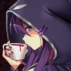 an anime character holding a coffee cup with blood on her face and hood over her head