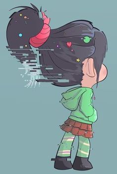 a drawing of a girl with her hair blowing in the wind, looking up at an object