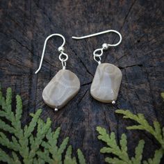 Keep those beach dreams alive with these lovely Petoskey stone earrings that were handmade here in Northern Michigan - just a stone's throw away from Lake Michigan.    These earrings are about 1.5 inches long from the top of the ear-wire to the silver bead at the bottom.   The bead itself is about 0.4  across and is cut into a rounded rectangular shape and they hang from one corner  These are made using only sterling silver.    Petoskey stones are a fossilized coral most often found in Lake Mich Sterling Silver Oblong Earrings For Gift, Rectangular Natural Stone Earrings For Gifts, Nickel-free Rectangular Pendant Earrings As Gift, Nickel Free Rectangular Pendant Earrings As Gift, Handmade Rectangular Pendant Earrings As A Gift, Handmade Rectangular Pendant Earrings For Gift, Handmade Oblong Earrings As Gift, Rectangular Earrings, Harbor Springs