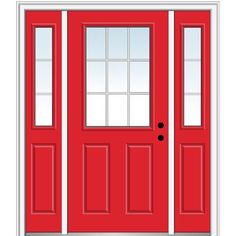 a red front door with two sidelights