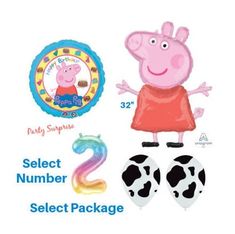 the peppo pig balloon is next to some numbers and balloons for each child's birthday